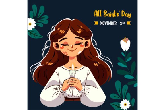 All Saints Day with Cartoon Girl Illustrations