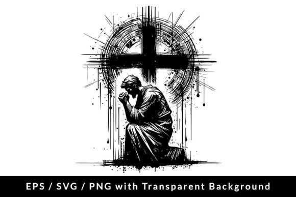 Man with Cross Praying Grunge SVG Illustrations
