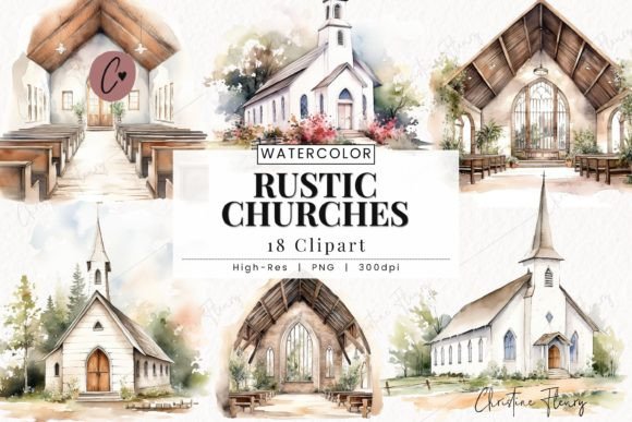 Watercolor Rustic Churches Clipart and Illustrations